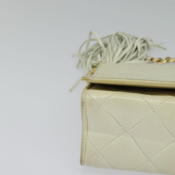 CHANEL Matelasse Chain Shoulder Bag Lamb Skin White Gold CC Auth 131655