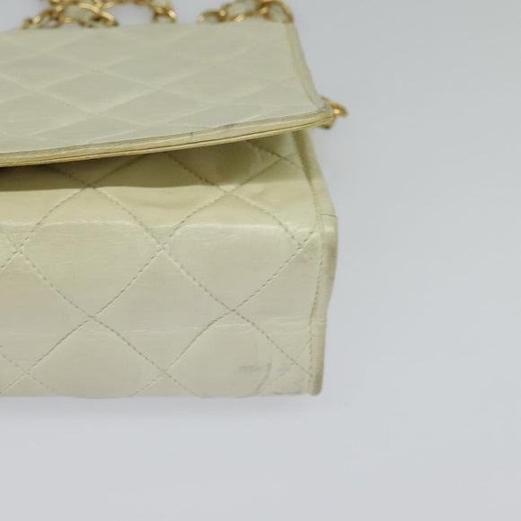 CHANEL Matelasse Chain Shoulder Bag Lamb Skin White Gold CC Auth 131655