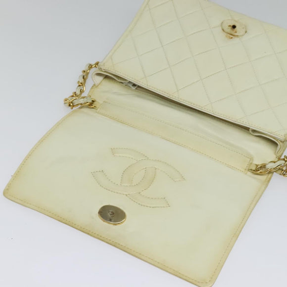CHANEL Matelasse Chain Shoulder Bag Lamb Skin White Gold CC Auth 131655