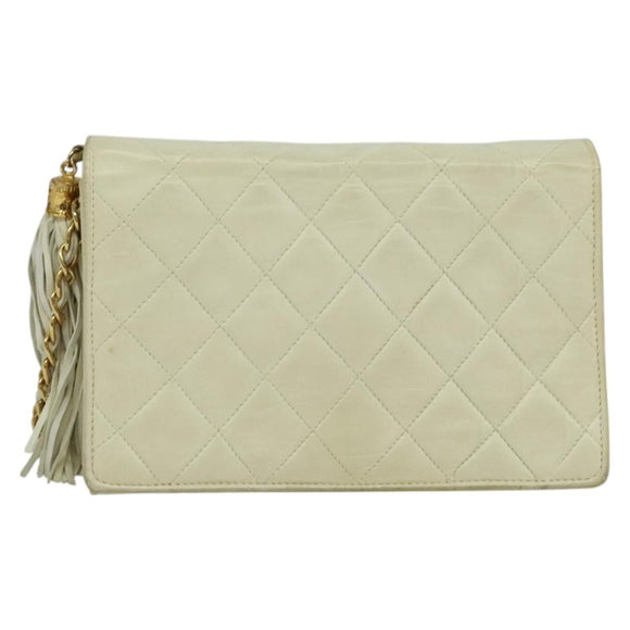 CHANEL Matelasse Chain Shoulder Bag Lamb Skin White Gold CC Auth 131655