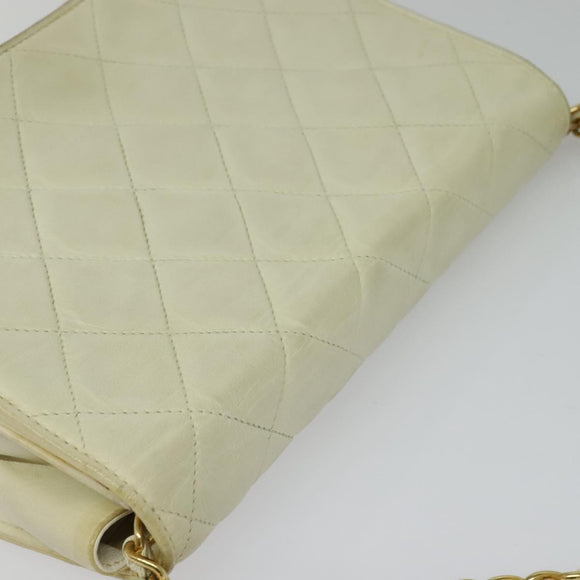 CHANEL Matelasse Chain Shoulder Bag Lamb Skin White Gold CC Auth 131655