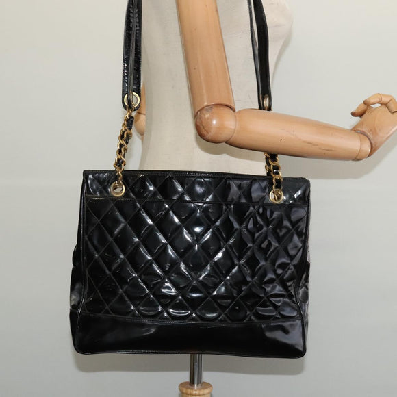 CHANEL Matelasse Tote Bag Enamel Black Gold CC Auth 131683