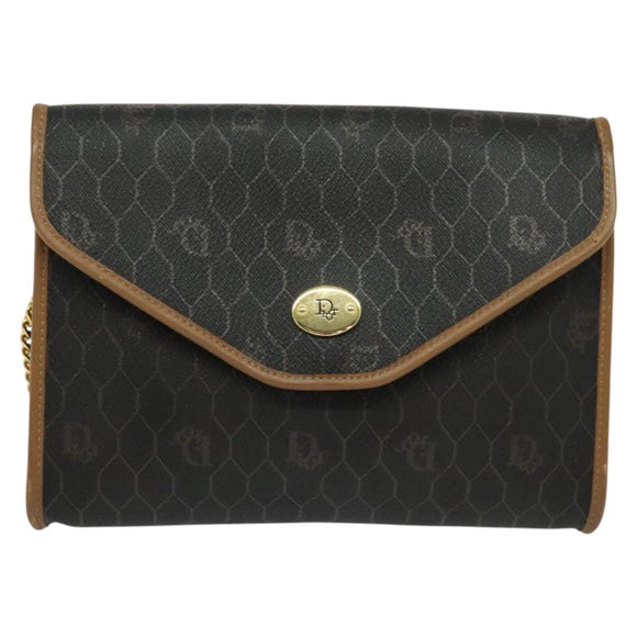 Christian Dior Honeycomb Canvas Chain Shoulder Bag PVC Black Gold Auth 131684