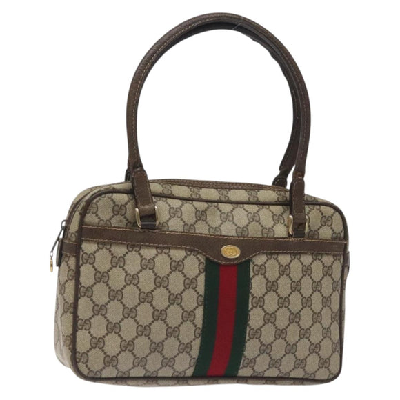 GUCCI GG Supreme Web Sherry Line Hand Bag PVC Beige Gold Red Auth 131690