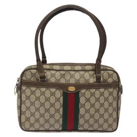 GUCCI GG Supreme Web Sherry Line Hand Bag PVC Beige Gold Red Auth 131690 - 0