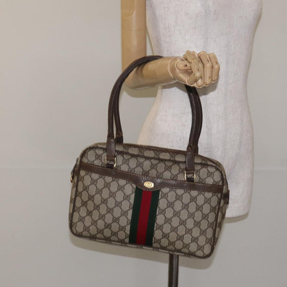 GUCCI GG Supreme Web Sherry Line Hand Bag PVC Beige Gold Red Auth 131690