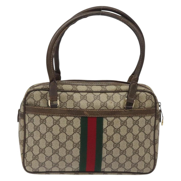 GUCCI GG Supreme Web Sherry Line Hand Bag PVC Beige Gold Red Auth 131690