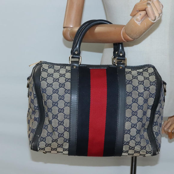GUCCI GG Canvas Sherry Line Hand Bag PVC Navy Gold 247205 Auth 131724