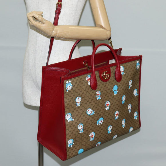 GUCCI Micro GG Supreme Doraemon Hand Bag PVC 2way Brown Gold 653952 Auth 131782A