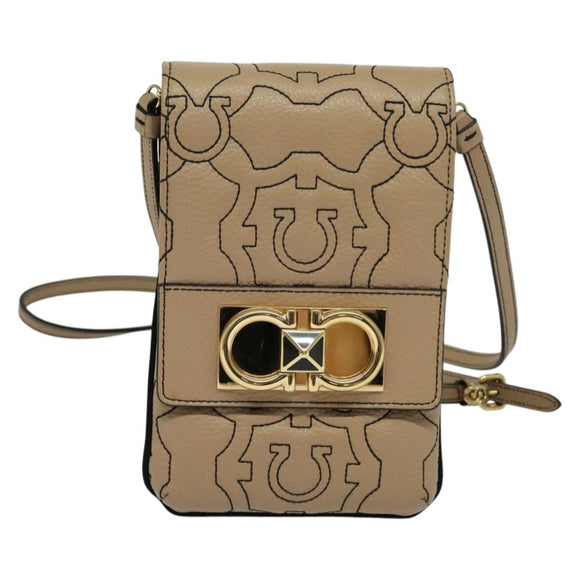 Salvatore Ferragamo Gancini Shoulder Bag Leather Beige Gold Auth 131785