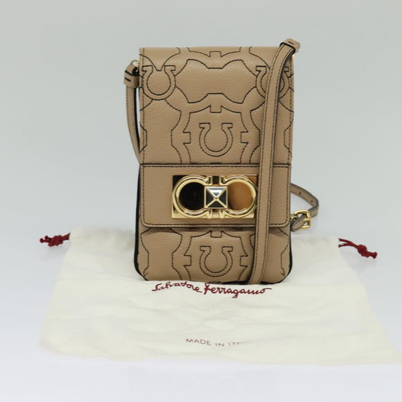 Salvatore Ferragamo Gancini Shoulder Bag Leather Beige Gold Auth 131785