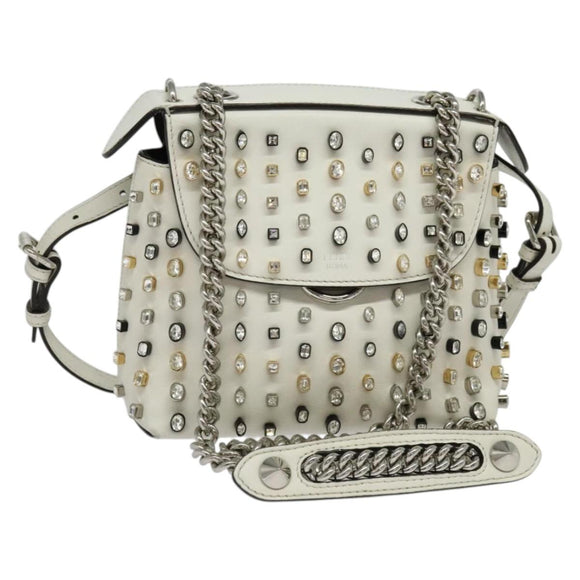 FENDI Chain Shoulder Bag Leather 2way White Silver Auth 131794