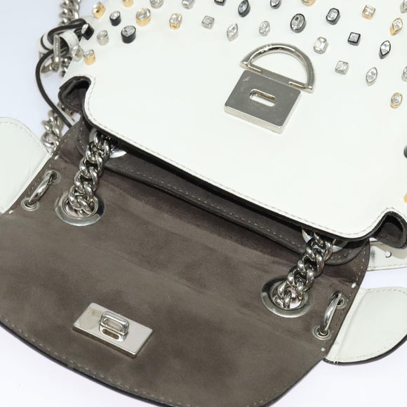 FENDI Chain Shoulder Bag Leather 2way White Silver Auth 131794