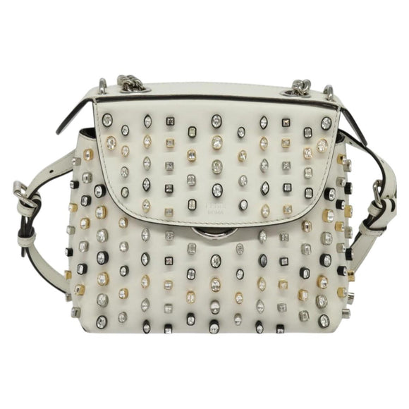 FENDI Chain Shoulder Bag Leather 2way White Silver Auth 131794
