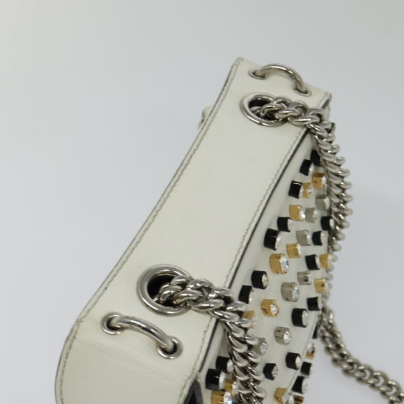 FENDI Chain Shoulder Bag Leather 2way White Silver Auth 131794