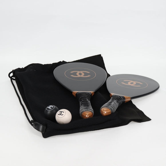 CHANEL Club Case Wood Racket and Rubber ball set Black CC Auth 131858V