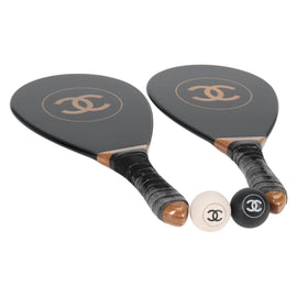 CHANEL Club Case Wood Racket and Rubber ball set Black CC Auth 131858SA