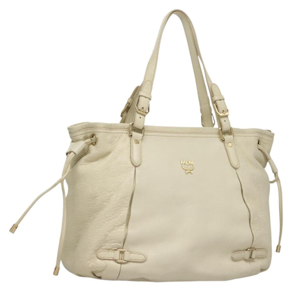 MCM Logogram Vicetos Tote Bag Leather White Gold Auth 131924