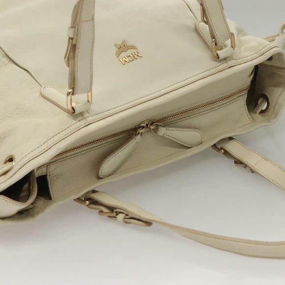 MCM Logogram Vicetos Tote Bag Leather White Gold Auth 131924