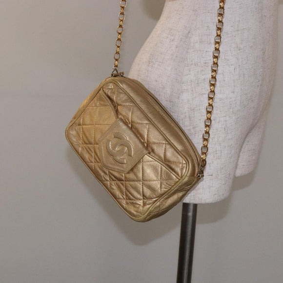 CHANEL Matelasse COCO Mark Chain Shoulder Bag Lamb Skin Gold CC Auth 132059