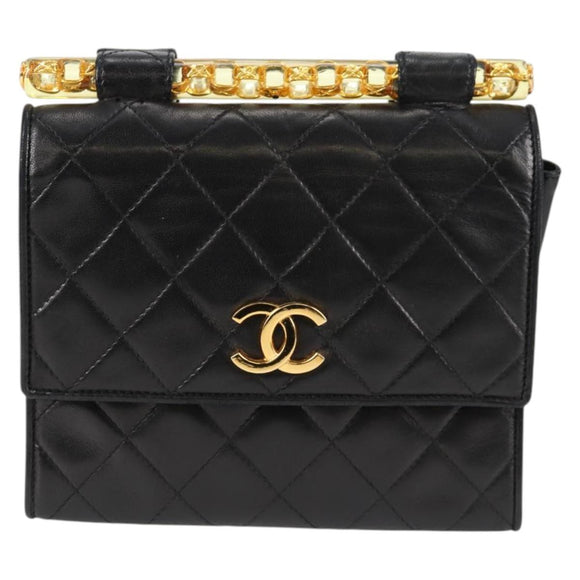 CHANEL Matelasse Shoulder Bag Lamb Skin Black Gold CC Auth 132061V