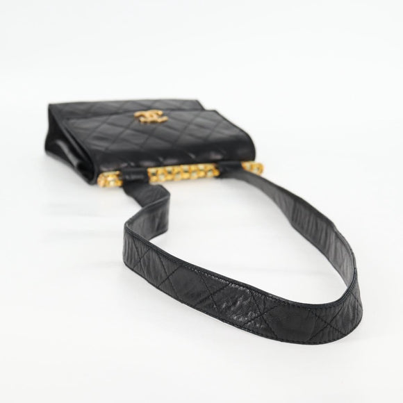 CHANEL Matelasse Shoulder Bag Lamb Skin Black Gold CC Auth 132061V