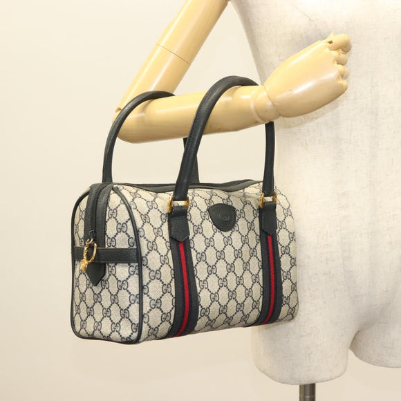 GUCCI GG Supreme Sherry Line Hand Bag PVC Navy Gold Red Auth 132074