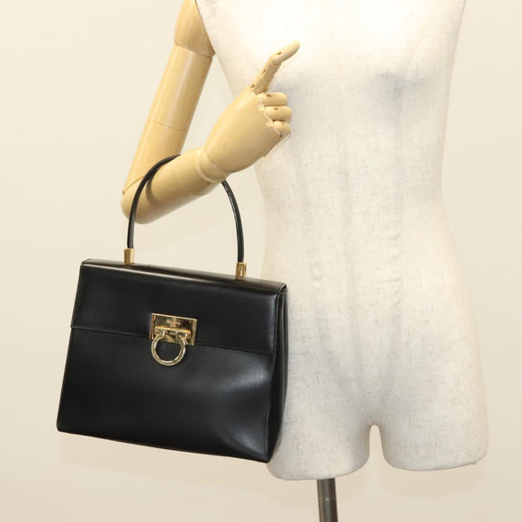 Salvatore Ferragamo Gancini Hand Bag Leather Black Gold Auth 132079