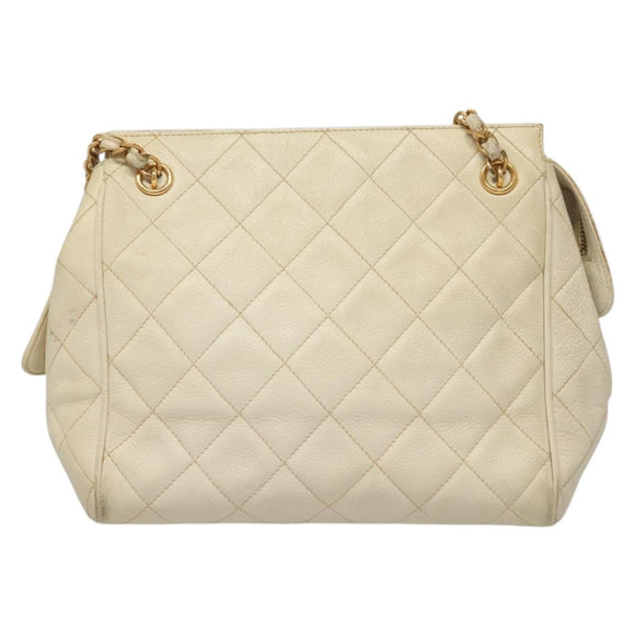 CHANEL Matelasse Chain Shoulder Bag Caviar Skin White Gold CC Auth 132097