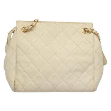 CHANEL Matelasse Chain Shoulder Bag Caviar Skin White Gold CC Auth 132097 - 0