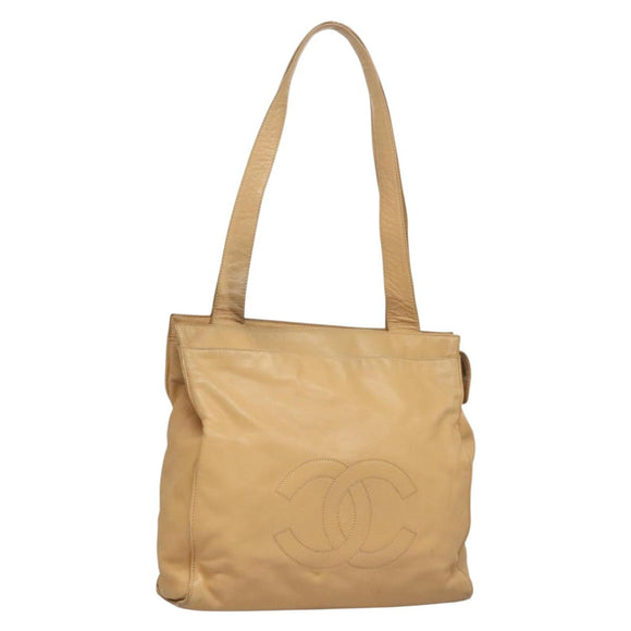 CHANEL COCO Mark Tote Bag Lamb Skin Beige Silver CC Auth 132122