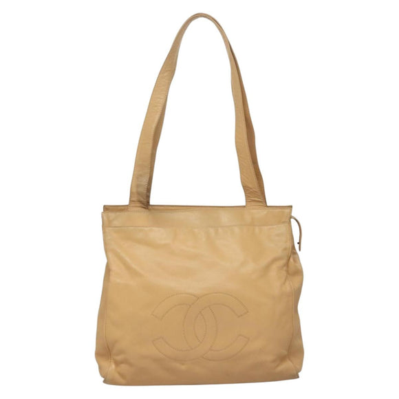 CHANEL COCO Mark Tote Bag Lamb Skin Beige Silver CC Auth 132122