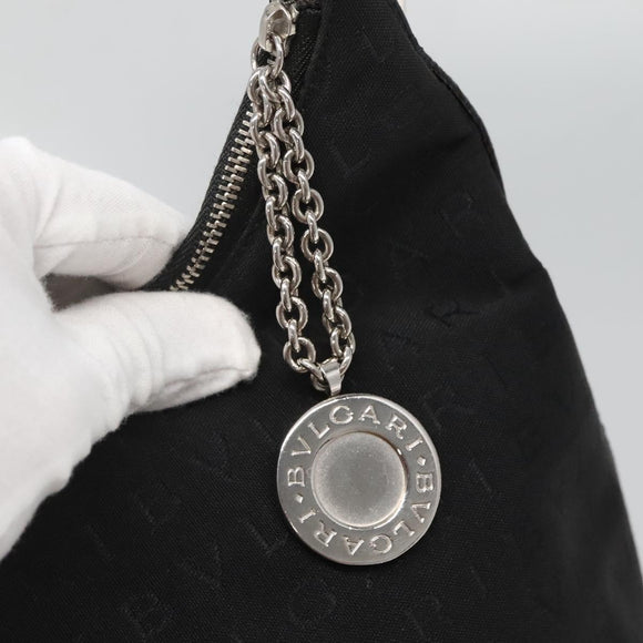 BVLGARI Logo Mania Shoulder Bag Canvas Black Silver Auth 132165