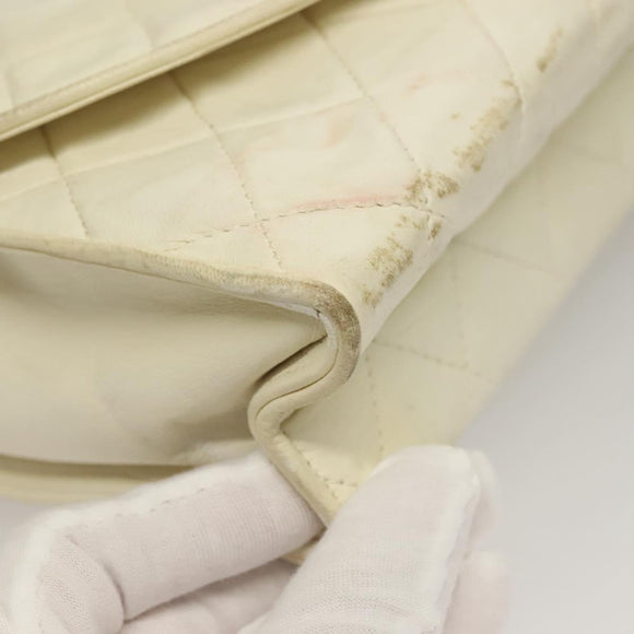 CHANEL Matelasse Chain Shoulder Bag Lamb Skin White Gold CC Auth 132172