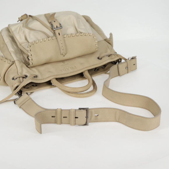 PRADA Hand Bag Leather 2way Beige Silver Auth 132222