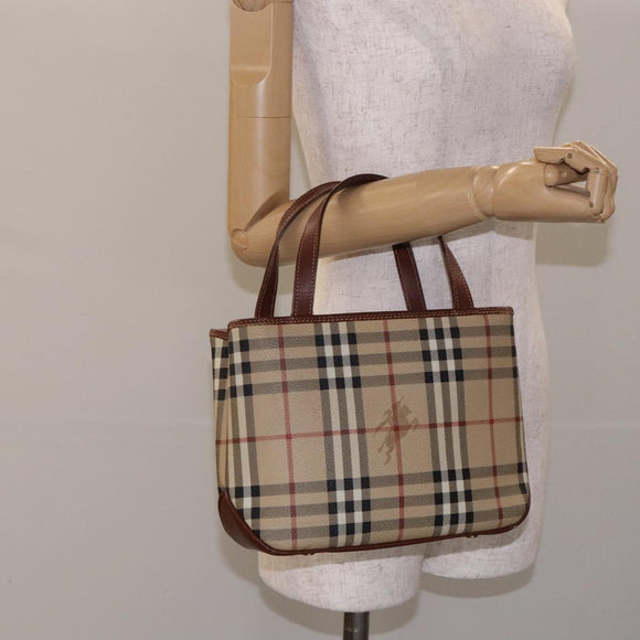 BURBERRY Nova Check Hand Bag PVC Beige Gold Auth 132262