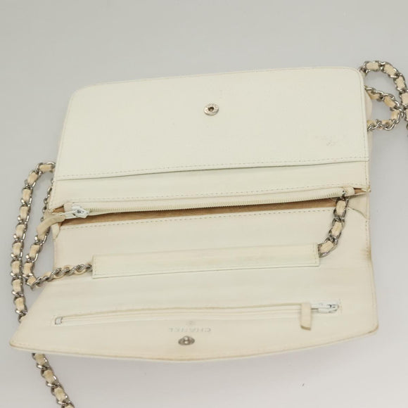 CHANEL COCO Mark Chain Wallet Caviar Skin White CC Auth 132293