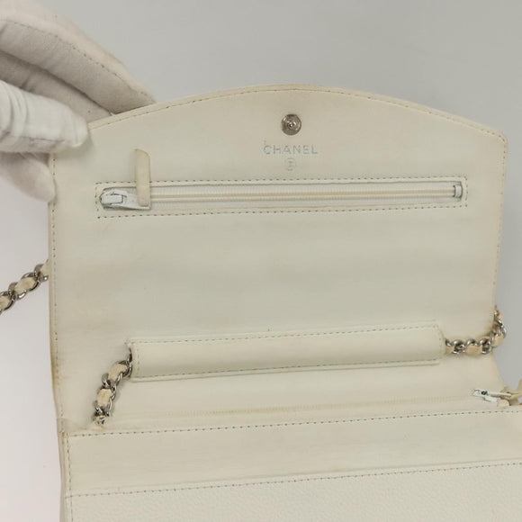 CHANEL COCO Mark Chain Wallet Caviar Skin White CC Auth 132293