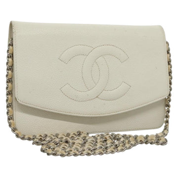 CHANEL COCO Mark Chain Wallet Caviar Skin White CC Auth 132293