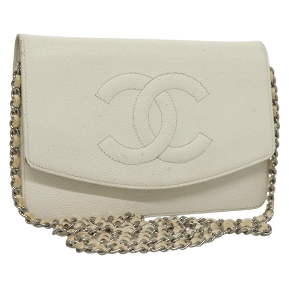 CHANEL COCO Mark Chain Wallet Caviar Skin White CC Auth 132293