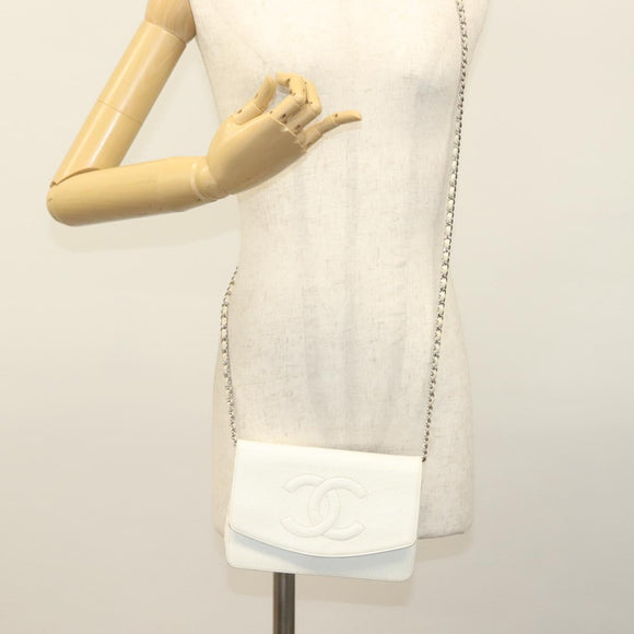 CHANEL COCO Mark Chain Wallet Caviar Skin White CC Auth 132293
