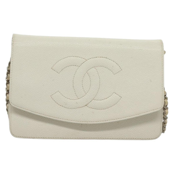 CHANEL COCO Mark Chain Wallet Caviar Skin White CC Auth 132293