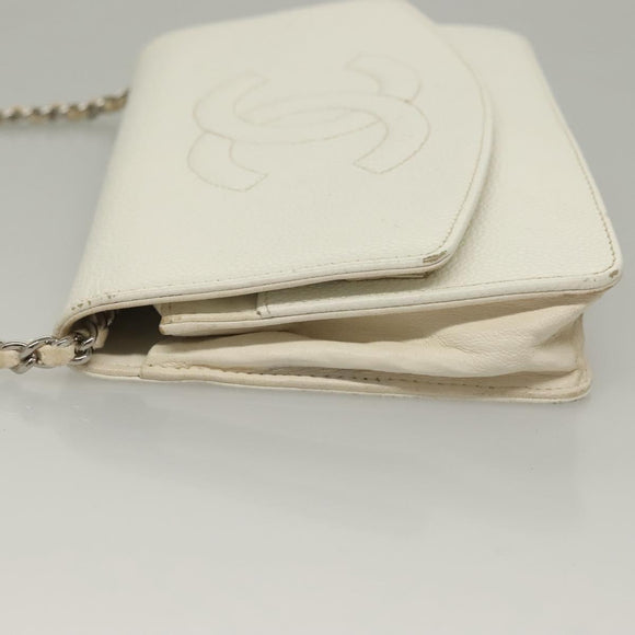 CHANEL COCO Mark Chain Wallet Caviar Skin White CC Auth 132293