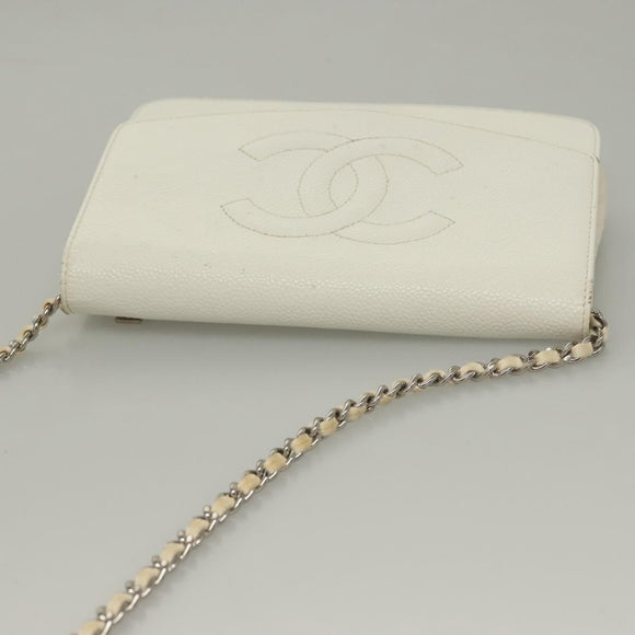 CHANEL COCO Mark Chain Wallet Caviar Skin White CC Auth 132293