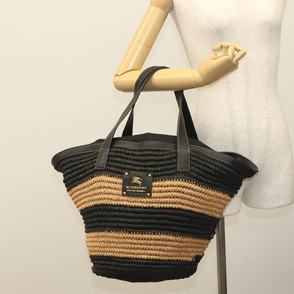 BURBERRY Blue Label Tote Bag Straw Gold Black Auth 132307