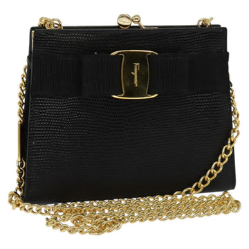 Salvatore Ferragamo Vala Chain Shoulder Bag Leather Embossed Black Auth 132311