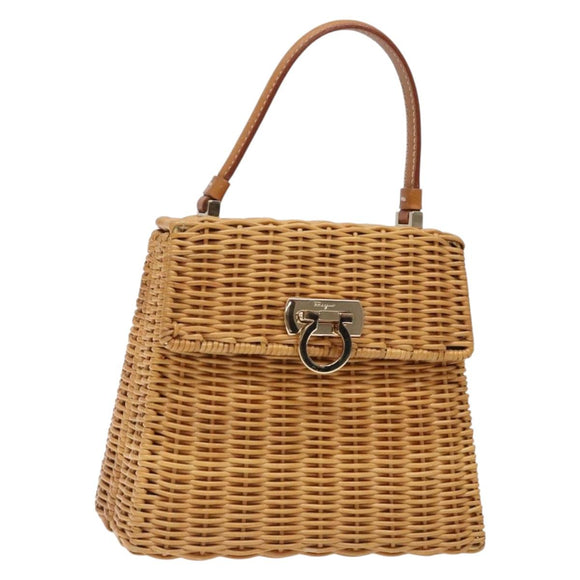 Salvatore Ferragamo Gancini Hand Bag Wicker Beige Gold Auth 132381A