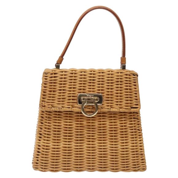Salvatore Ferragamo Gancini Hand Bag Wicker Beige Gold Auth 132381A
