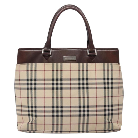 BURBERRY Nova Check Hand Bag Canvas Beige Silver Auth 132453