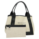 BALENCIAGA Navy Kabas Hand Bag Canvas Ivory Silver Auth 132455-1